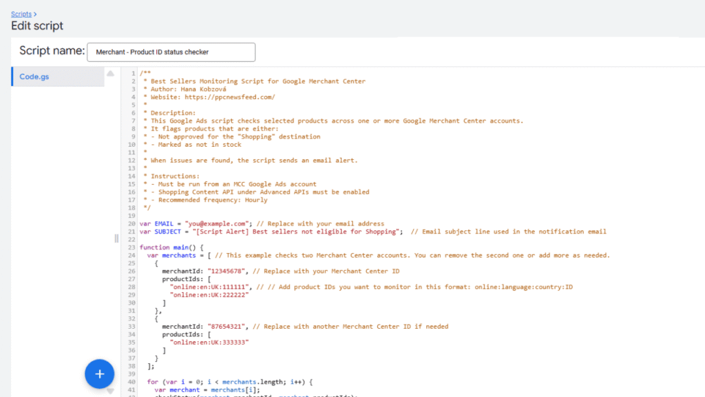 A browser window displays a script editor with a free script titled "Merchant - Product ID status checker." The script is written in Apps Script to monitor best-selling products’ statuses in Google Merchant Center.