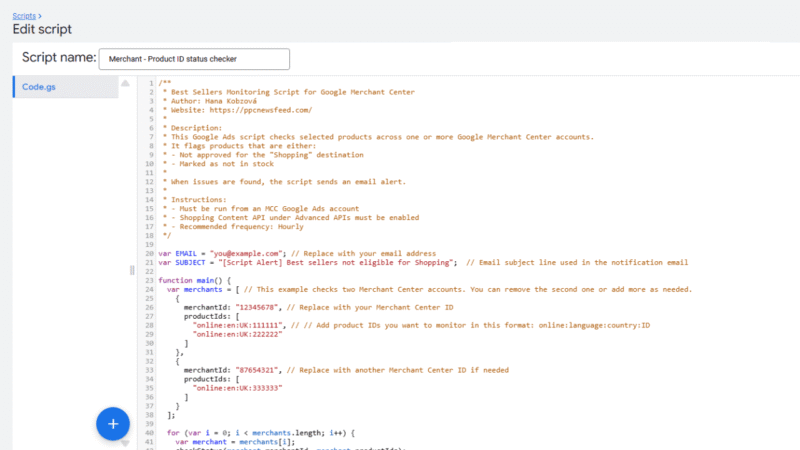 A browser window displays a script editor with a free script titled "Merchant - Product ID status checker." The script is written in Apps Script to monitor best-selling products’ statuses in Google Merchant Center.