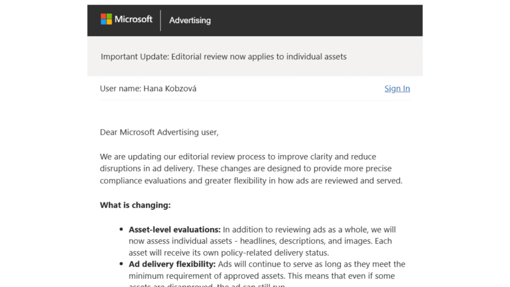 A Microsoft Advertising email announcing editorial review updates, focusing on Policy Compliance and improved Asset Reviews. Addressed to Hana Kobzová, it details asset-level evaluation changes, ad delivery flexibility, and features a sign-in link at the top right.
