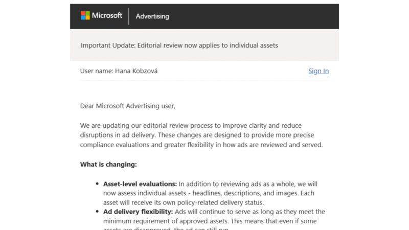 A Microsoft Advertising email announcing editorial review updates, focusing on Policy Compliance and improved Asset Reviews. Addressed to Hana Kobzová, it details asset-level evaluation changes, ad delivery flexibility, and features a sign-in link at the top right.
