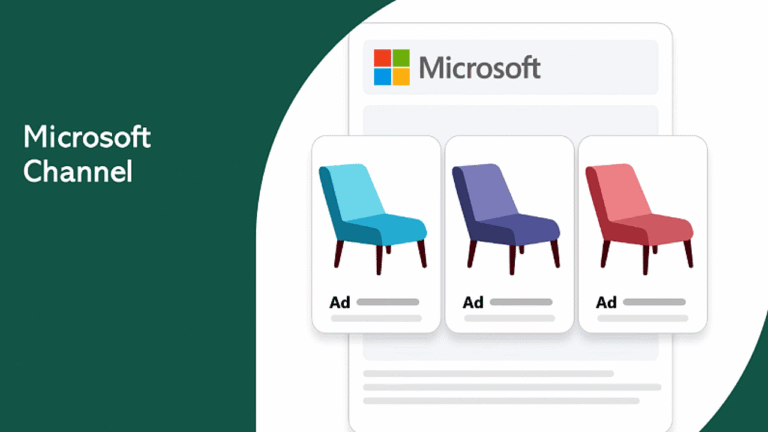 Illustration showing three colorful chair ads under the Microsoft logo, with "Microsoft Channel" on a green background to the left—perfect for Shopify Merchants using the Channel App or exploring Microsoft Advertising solutions.
