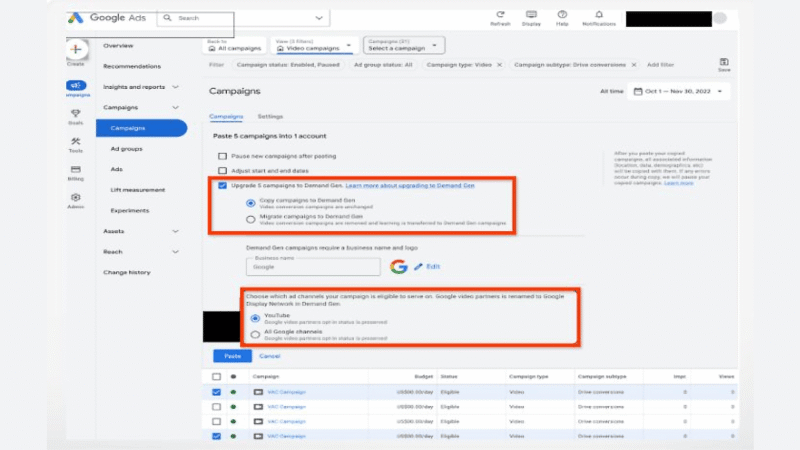 Google Ads campaign dashboard showing settings to migrate Video Action Campaigns to Demand Gen, with highlighted options to upgrade, select channels, and check campaign eligibility. List of campaigns appears at the bottom.