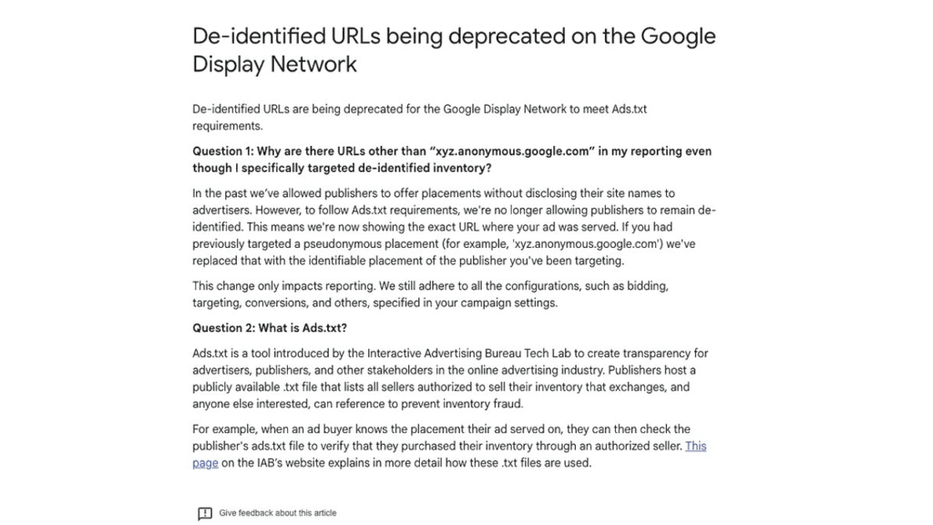 Screenshot of a Google Help page titled "De-identified URLs being deprecated on the Google Display Network," explaining the removal of anonymous URLs and changes to display reports and Ads.txt reporting, with questions and detailed answers.