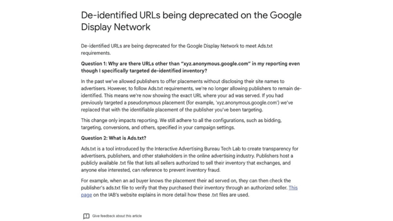 Screenshot of a Google Help page titled "De-identified URLs being deprecated on the Google Display Network," explaining the removal of anonymous URLs and changes to display reports and Ads.txt reporting, with questions and detailed answers.