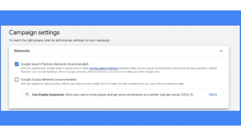 Screenshot of a Google Search Campaigns settings page showing options to enable the GDN and Google Search Partners Network, with a highlighted "Use Display Expansion" recommendation.