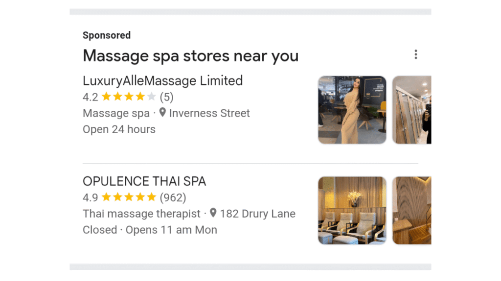 Screenshot of Google search results for massage spas, with "LuxuryAlleMassage Limited" (4.4 stars) and "OPULENCE THAI SPA" (4.9 stars). Includes spa interior images, ratings, and store suggestions for more options near you.