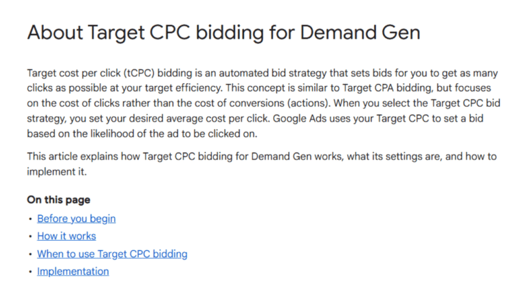 Screenshot of a Google support page titled “About Target CPC Bidding for Demand Gen (Beta),” detailing target cost per click bidding and featuring links like Before you begin, How it works, When to use Target CPC bidding, and Implementation.