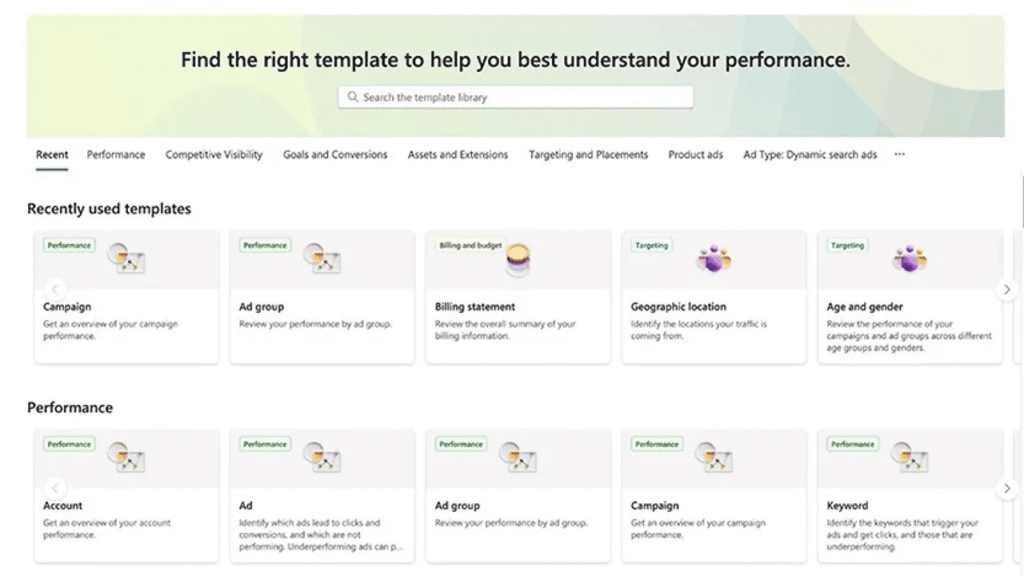 A webpage displays a template library for performance analysis, featuring a search bar and sections for recently used templates, product updates, and performance options like Account, Ad, Ad group, Campaign, and Keyword.