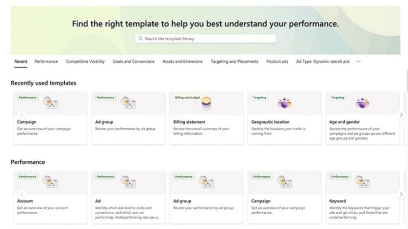 A webpage displays a template library for performance analysis, featuring a search bar and sections for recently used templates, product updates, and performance options like Account, Ad, Ad group, Campaign, and Keyword.