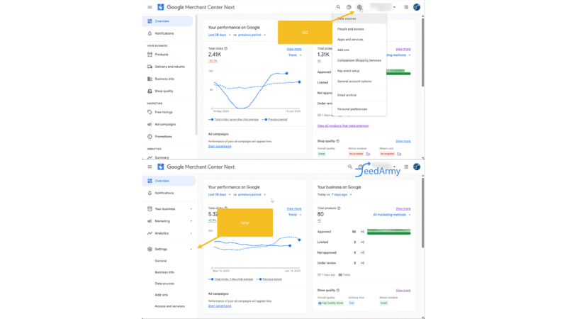 Two Google Merchant Center dashboard screenshots compare a “old” and “new” layout. The new dashboard features settings simplification, showing 5.21K clicks and more metrics, while the old version displays 2.47K clicks—both with performance graphs.