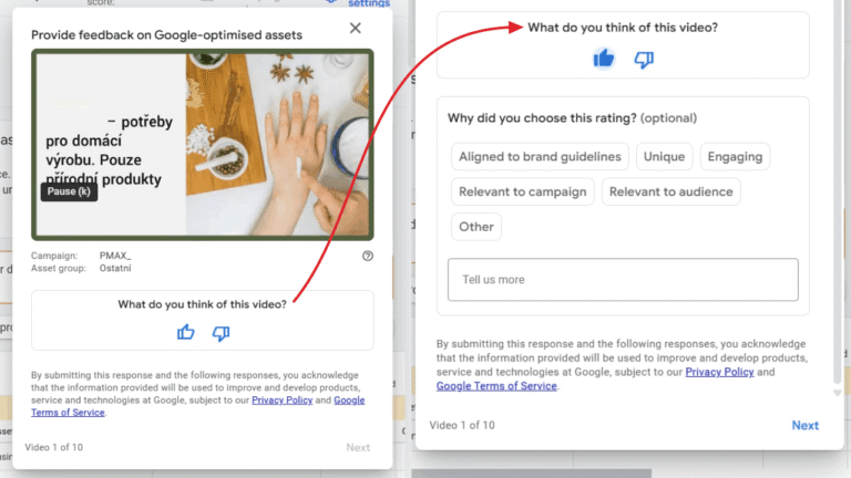 A feedback form asks, "What do you think of this video?" beside a paused video showing hands arranging items on a table, with Czech text about home production and original products. An arrow connects the video to the feedback form.