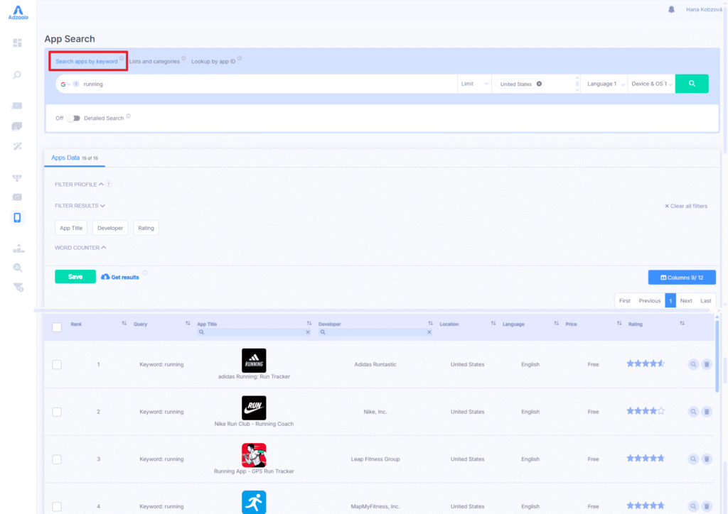 A screenshot of an app search page shows filters for keywords, categories, device, and country. The keyword "running" is entered. Powered by Adzoola, the results table lists running-related apps with details and ratings to help drive results.