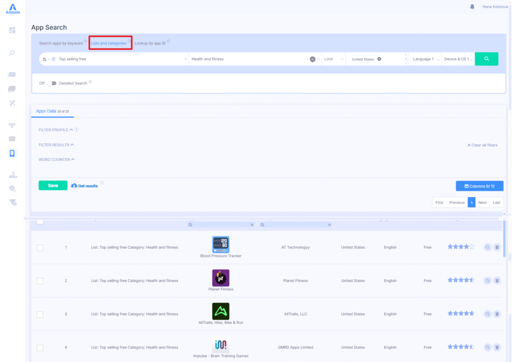 A software dashboard displays an app search interface. The search bar, highlighted with "Uses and categories" in red, helps drive results. Below are app listings with icons, names, publishers, countries, languages, ratings, and PPC insights from Adzoola.