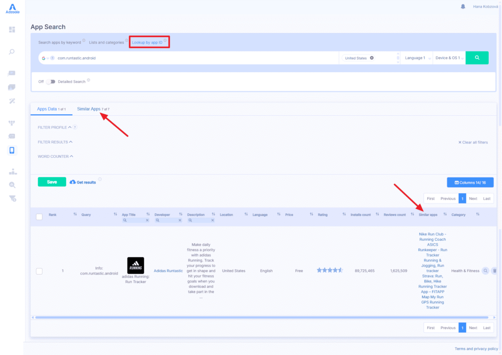 A website interface displaying an app search page on Adzoola. “Lookup by app ID” is highlighted near the search bar to help drive results, and “Similar Apps 1 of 1” is highlighted in the results section. Red arrows point to both highlighted areas.