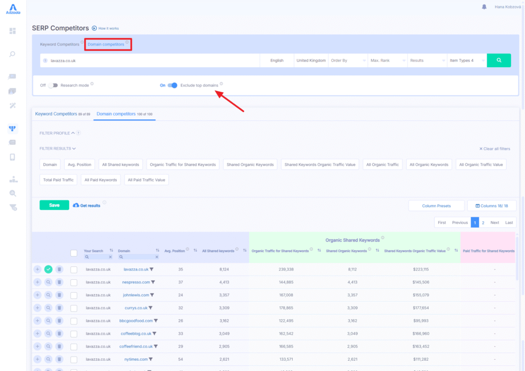 Screenshot of a SERP competitors analysis tool, such as Adzoola, showing keyword and domain competitor tabs, filter options, a highlighted "Exclude top domains" toggle, and a table with stats like shared keywords and organic traffic to drive results.