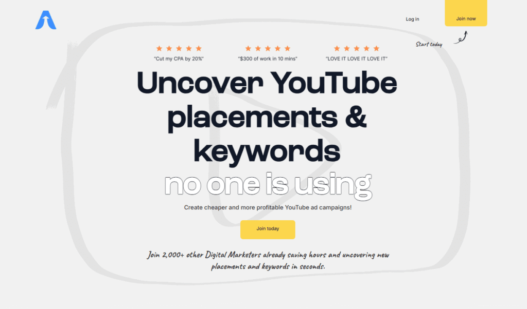 A website homepage for Adzoola offering YouTube ad placement and PPC keyword discovery, featuring testimonial quotes, a bold headline, a "Join today" button, and mention of 2,000+ digital marketers who drive results with the service.
