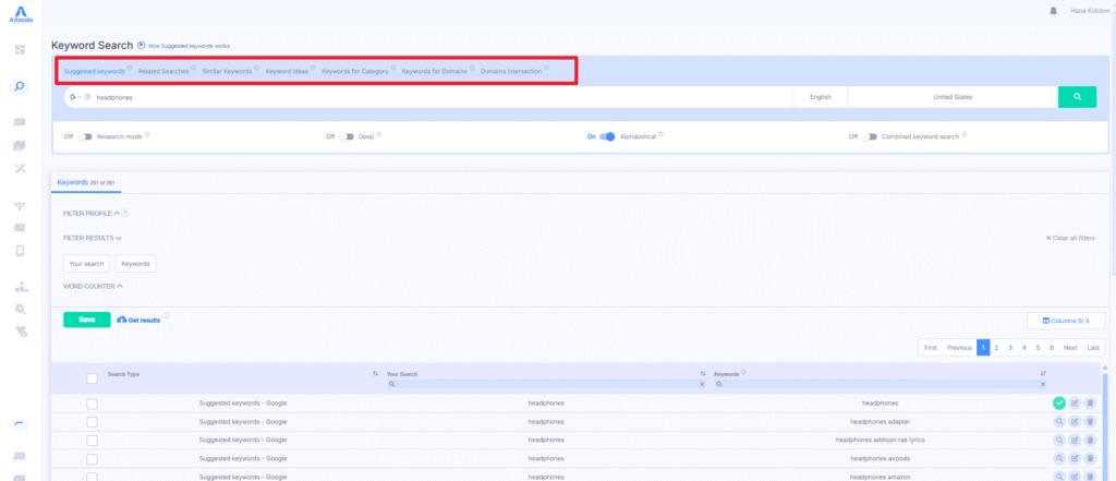 A keyword search interface, like Adzoola, displays various PPC search options in tabs, filters for country and language, and a results table with keyword suggestions for "headphones." One section is highlighted with a red box to drive results.