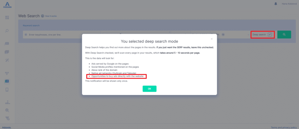A pop-up message on the website displays "You selected deep search mode." The faded background and user's "Deep search" query appear, while "Opportunity to buy bulk ads directly with Adzoola PPC" is highlighted in red to help drive results.