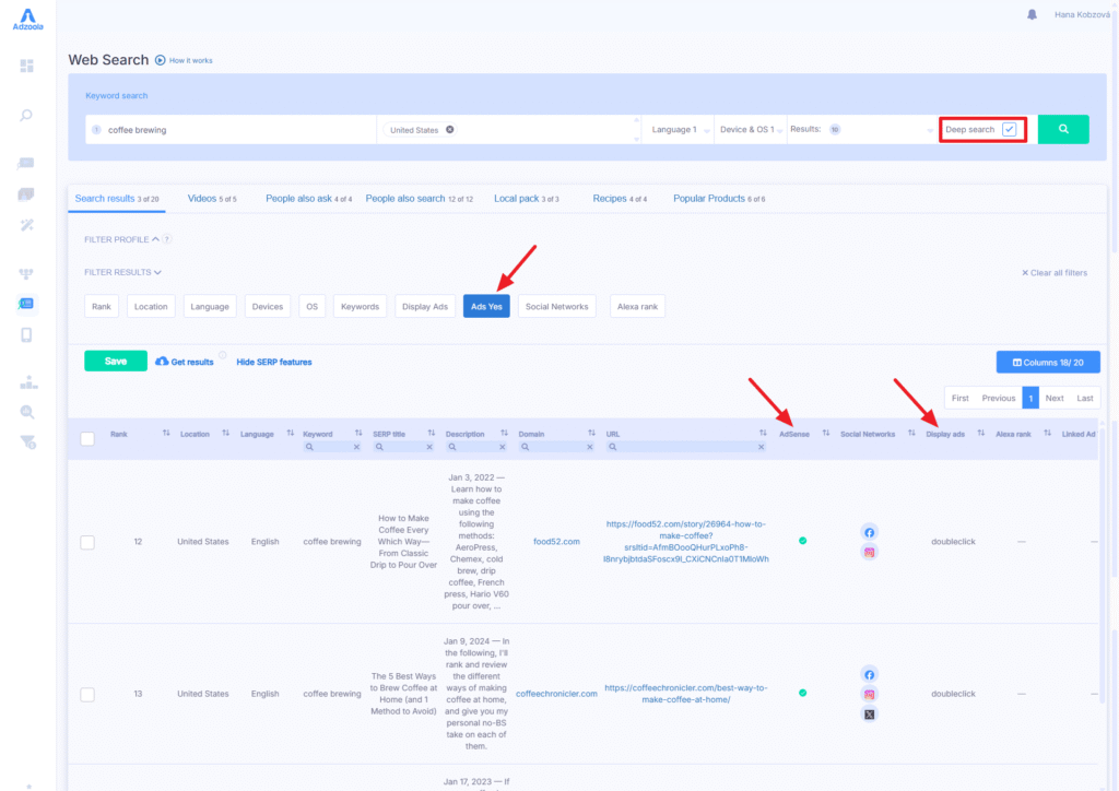 Screenshot of the Adzoola web search dashboard showing keyword results for "coffee brewing." Red arrows highlight the "Deep Search" button, "Ads Tab"—a key feature for PPC strategies—and the "Social Mentions" column in the data table.