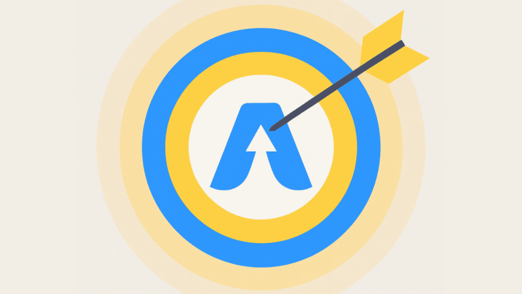 A yellow and blue bullseye target with a stylized letter "A" in the center, struck by an arrow right at the middle—symbolizing Adzoola’s ability to drive results and precision in PPC campaigns.