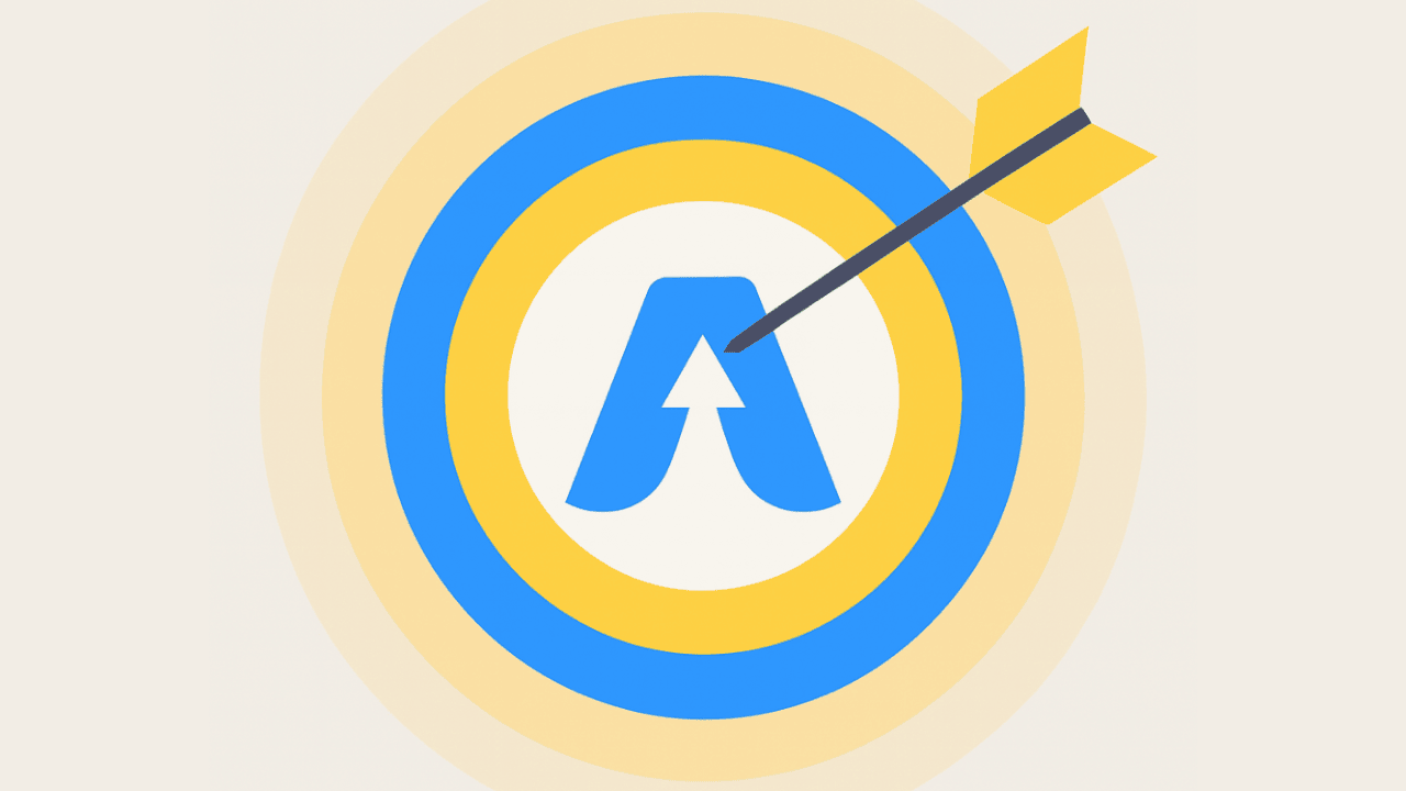 A yellow and blue bullseye target with a stylized letter "A" in the center, struck by an arrow right at the middle—symbolizing Adzoola’s ability to drive results and precision in PPC campaigns.