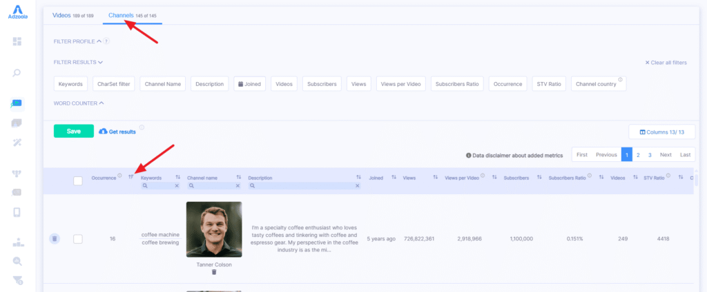 A screenshot of Adzoola's video analytics dashboard shows results filtered by "Channels" with keywords "coffee machine." A highlighted row displays a channel profile, stats, and description. Red arrows indicate filters and PPC keyword search to drive results.