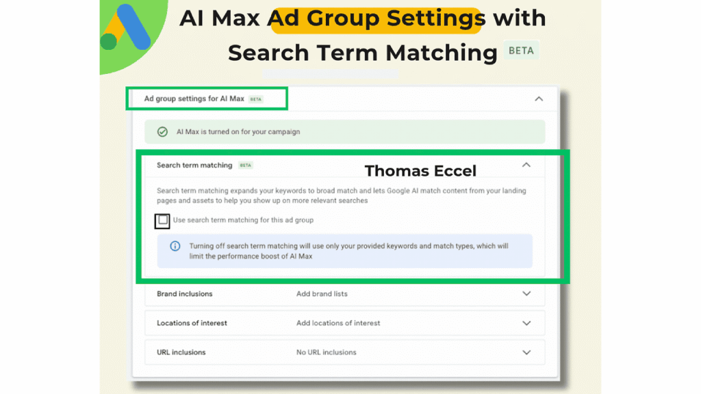 A screenshot of the AI Max Ad Group Settings Beta interface showing options for search term matching, including a toggle for using only provided keywords to match types, highlighted with green boxes.