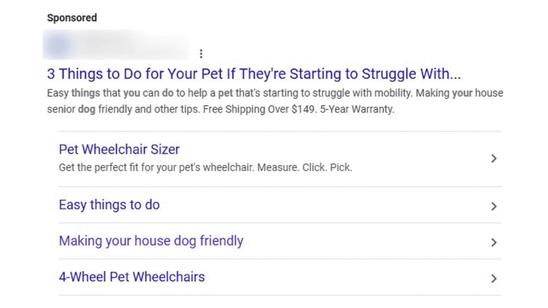 A sponsored search result offers advice for helping pets with mobility issues, including making a house dog-friendly and sizing pet wheelchairs. Explore AI Max insights and blog pages with easy tips and 4-wheel pet wheelchair guides.