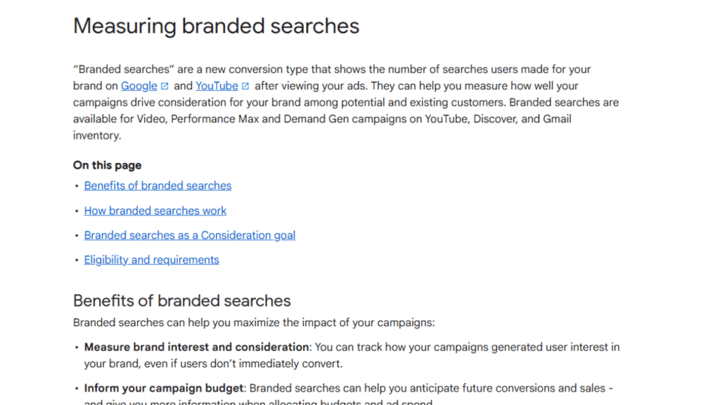 A webpage titled "Measuring branded searches" explains Brand Searches, with linked text to Google, YouTube, and related topics. Headings and bullet points outline benefits for Google Ads, how they work, and eligibility information.