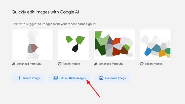 A screenshot of a Google AI Image Editing interface for editing images, showing four abstract image thumbnails and three buttons below: "Select image," "Edit multiple images" (highlighted by a red arrow), and "Generate image.