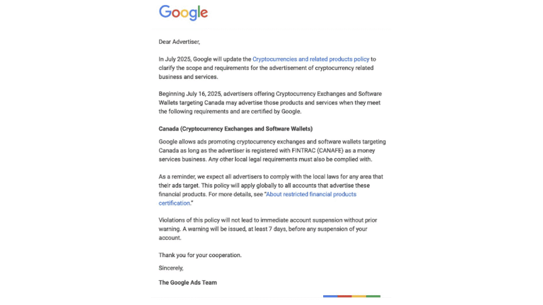 A Google email notification informs advertisers of a July 2025 policy update on Crypto Ads Canada, outlining new requirements, certification required, and compliance expectations for advertising cryptocurrency exchanges and software wallets.