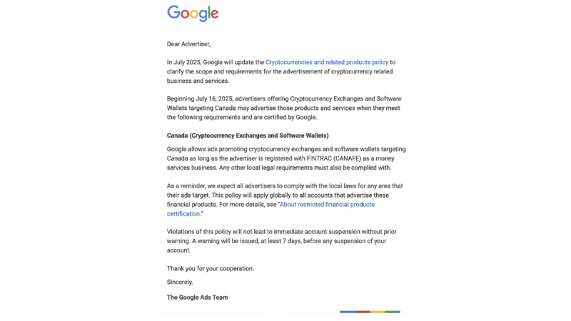 A Google email notification informs advertisers of a July 2025 policy update on Crypto Ads Canada, outlining new requirements, certification required, and compliance expectations for advertising cryptocurrency exchanges and software wallets.