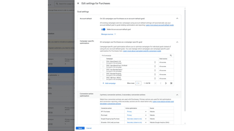 Screenshot of the "Edit settings for Purchases" page in Google Ads, featuring options for goal settings, campaign-specific goal settings with a table of campaigns, and conversion actions. Delivery Truck Icons highlight shipping-related actions in the summary table.