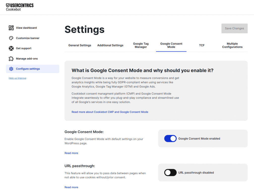 Settings page for Usercentrics Cookiebot on WordPress with “Google Consent Mode” selected. The section explains Google Consent Mode, includes toggles to enable it and URL passthrough, plus a sidebar for easy navigation and install options.