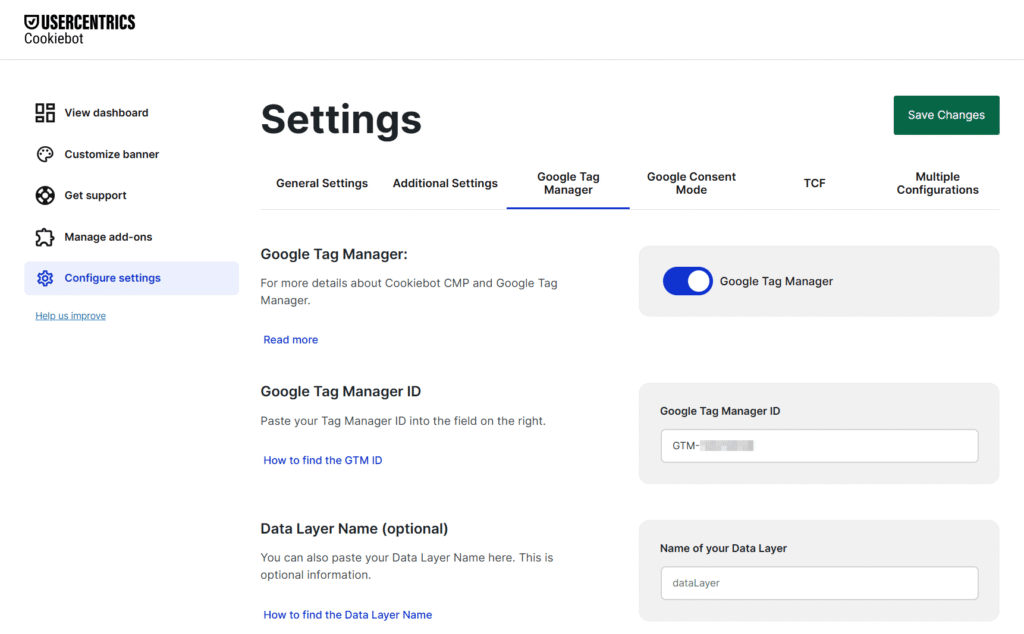 A settings page for Google Tag Manager in Usercentrics Cookiebot. Easily install and configure options like toggling Tag Manager on, entering the Tag Manager ID, and an optional Data Layer Name. A green "Save Changes" button is on the upper right in WordPress.