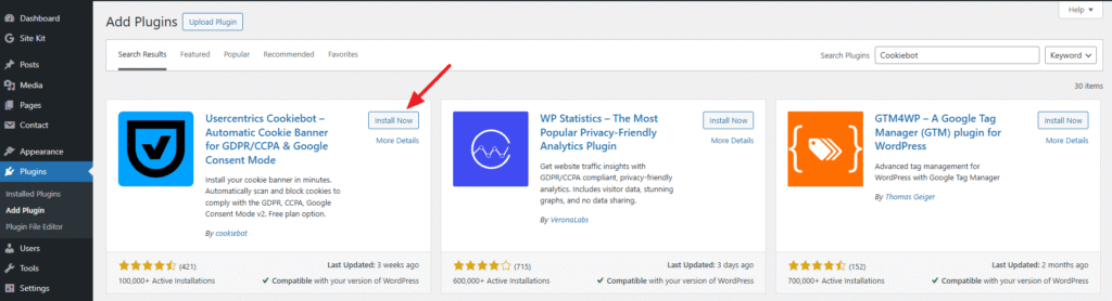 A WordPress dashboard screen displays the "Add Plugins" page. An arrow highlights the "Install Now" button for the Cookiebot plugin, which shows plugin details and a brief description.