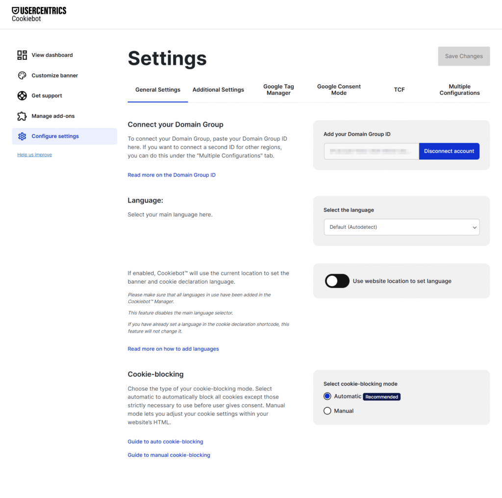 Settings page for Cookiebot on WordPress, showing options to connect a Domain Group, select language settings, and choose cookie-blocking modes. Easily install Cookiebot with the navigation menu on the left and configuration options on the right.