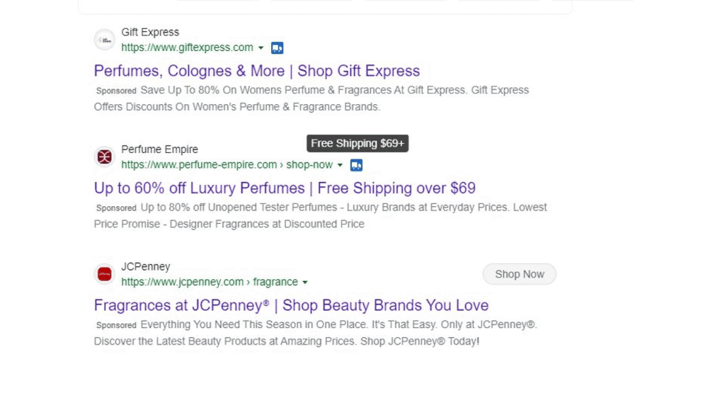 Screenshot of Google ads displaying three online perfume retailers—Gift Express, Perfume Empire, and JCPenney—with discounts, free shipping offers featuring delivery truck icons, and links to their fragrance sections.