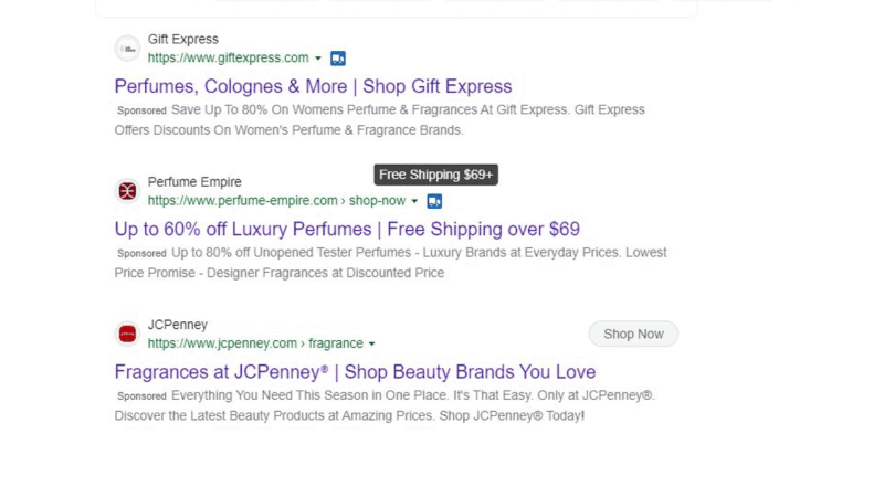 Screenshot of Google ads displaying three online perfume retailers—Gift Express, Perfume Empire, and JCPenney—with discounts, free shipping offers featuring delivery truck icons, and links to their fragrance sections.