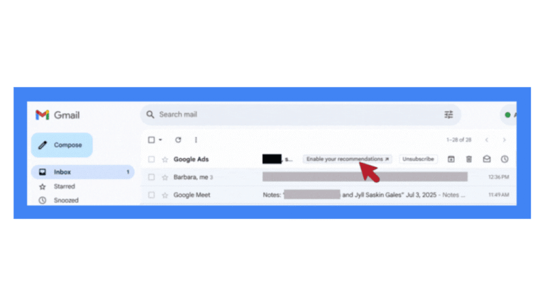 Screenshot of a Gmail inbox with the cursor hovering over a button labeled “Enable your recommendations” next to an email from Google Ads, highlighting how easy it is to access Google Ads recommendations with a single click.