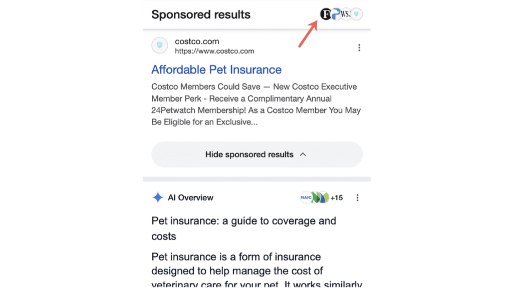 A Google search results page shows a “Sponsored results” section for pet insurance with an arrow pointing to the "Ad" label and highlighting the sponsored label design next to the costco.com result.