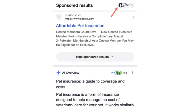 A Google search results page shows a “Sponsored results” section for pet insurance with an arrow pointing to the "Ad" label and highlighting the sponsored label design next to the costco.com result.