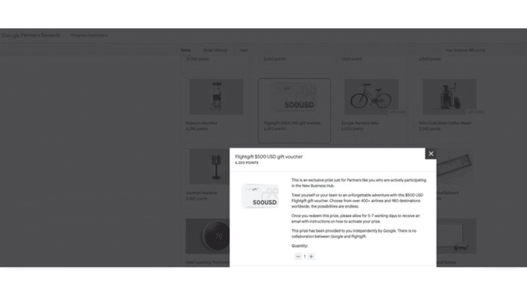 A digital screen displays a pop-up for a "Flightgift $500 USD gift voucher" on the Google Partners Rewards dashboard, showing details about the voucher and its usage, with blurred reward items visible in the background.
