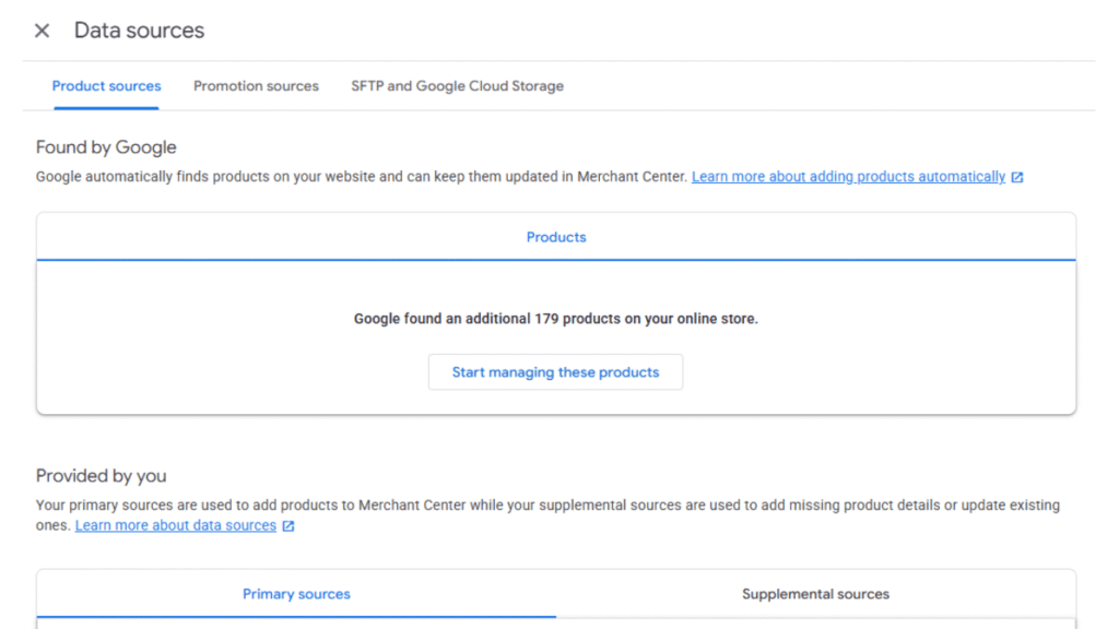 Screenshot of the "Data sources" page in Google Merchant Center, showing product sources. Google found 179 products on the online store, with options to manage products and view primary or supplemental sources.