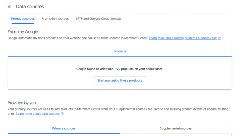 Screenshot of the "Data sources" page in Google Merchant Center, showing product sources. Google found 179 products on the online store, with options to manage products and view primary or supplemental sources.