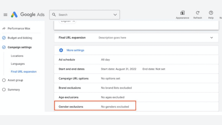 Screenshot of Google Ads settings displaying campaign details, ad schedule, dates, brand and age exclusions, with a highlighted section for gender-based exclusions stating “No genders excluded” in a Google PMax campaign.
