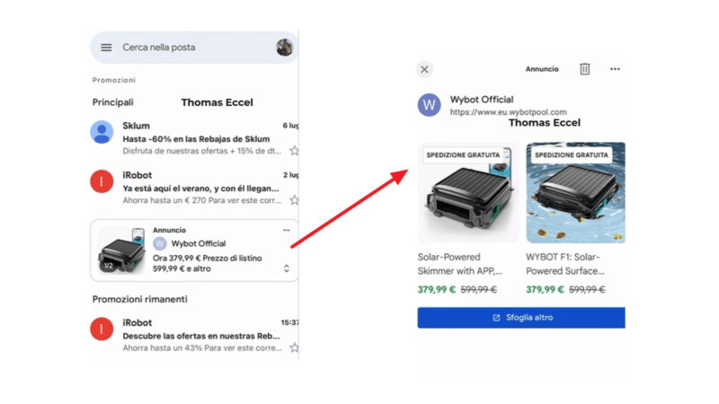 A screenshot shows an email inbox featuring E-Commerce ads for iRobot and a Wybot pool cleaner, highlighted by a red arrow pointing to another screen displaying two Wybot pool cleaner ads with prices and a "free shipping" label.