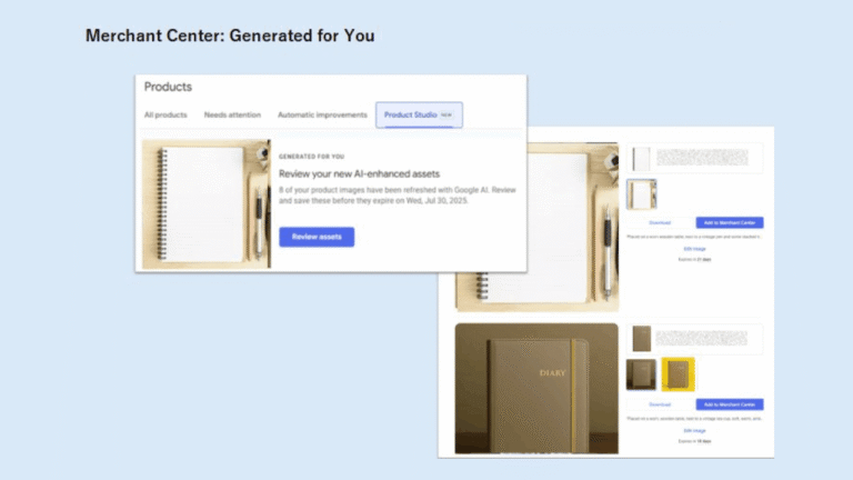 Screenshot of a Google Merchant Center interface showing a notification to review AI-generated product images. A desk with notebooks, a pen, and a cup appears in the product images on the right side of the screen.