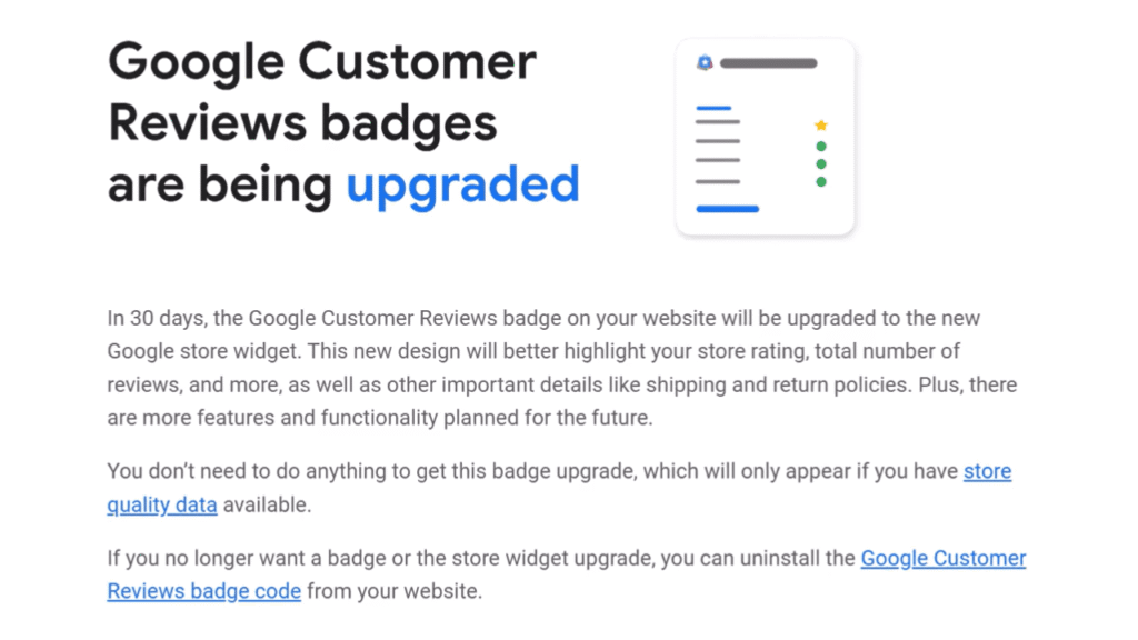 A notice about Google Customer Reviews badge upgrades, featuring bold text and an icon of a webpage with a star rating. The notice explains new store widget features and provides upgrade and opt-out information.