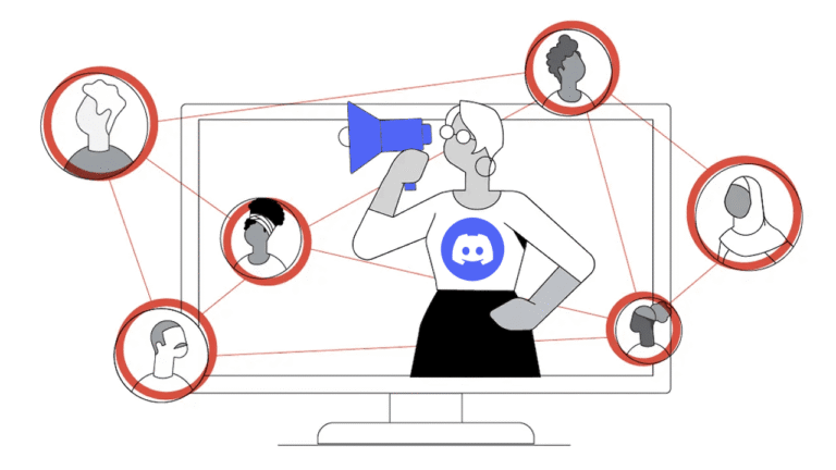 Illustration of a person with a megaphone and a Discord logo on their shirt standing before a computer monitor, connected by red lines to five profile icons—symbolizing communication and networking within a Discord Community.